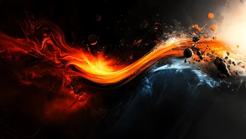 Abstract red and blue energy streams with particle forms.