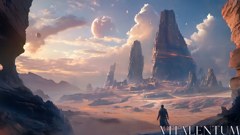 Solitary explorer surveys colossal alien monolith spires