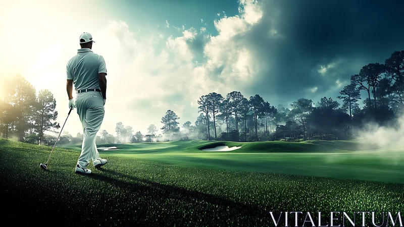 Golfer surveys misty fairway under dramatic storm-lit sky