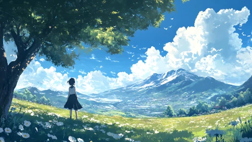 Girl standing in flower meadow facing distant mountain range.