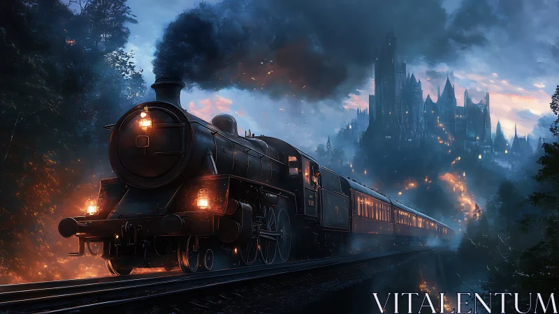 Midnight steam train rolls toward a glowing cliffside castle