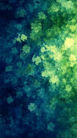 Glowing abstract clover field drifts through deep teal haze