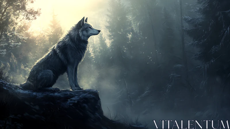 Digital painting study of a lone wolf in misted conifer forest.