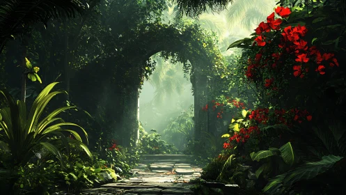 Sunlit jungle archway with dense foliage and flowers.