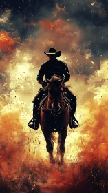 Lone cowboy rides through blazing dust and storm-lit sky