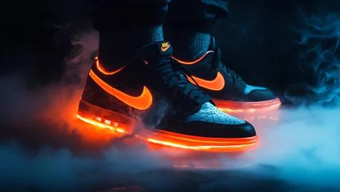Luminous Nike sneakers with neon outsoles in vaporous low light.