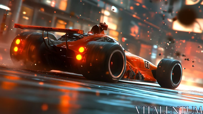 Futuristic red race car accelerates through neon city street