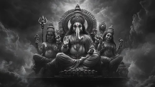 Divine triad of deities seated in dramatic storm clouds.