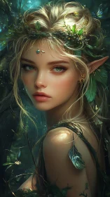 Elven forest maiden portrait with glowing green ambiance.