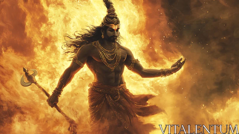 Warrior deity stands in dynamic pose within blazing fire
