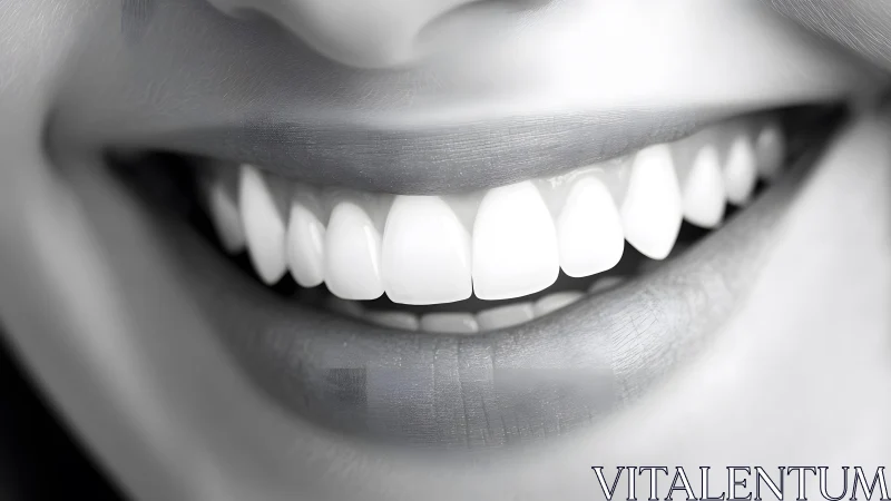 Close-up of smiling mouth with perfect white teeth, black and white.