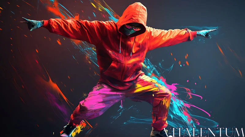 Neon hooded street dancer carving wild strokes of color.