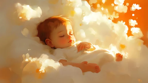 Sleeping baby lies on soft cloudlike bedding in warm light