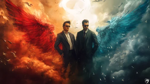 Two suited figures stand between red and blue winged clouds