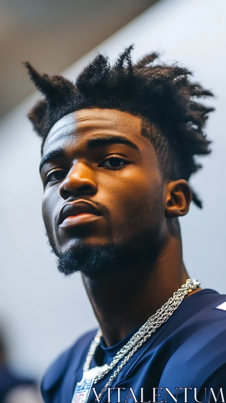 Confident young man in sports jersey and silver chains.