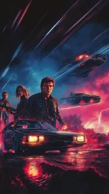 Neon soaked sci fi chase with retro car and hovercrafts.