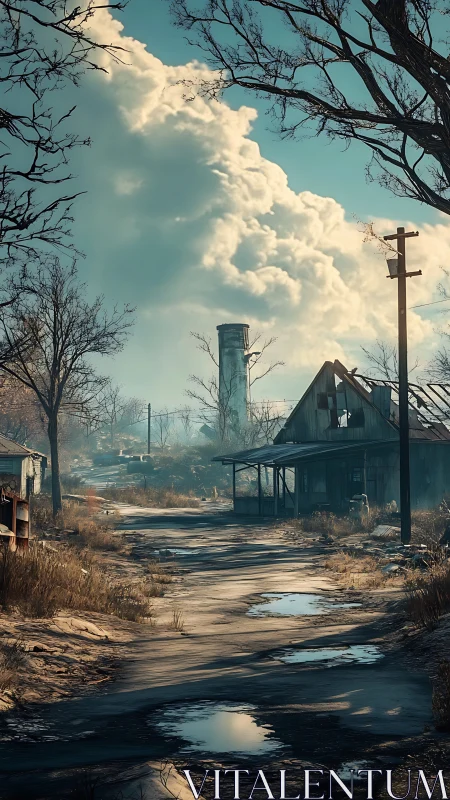Rural road passes abandoned houses under dense cumulus clouds