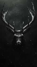 Stag head with antlers in dark monochrome environment.