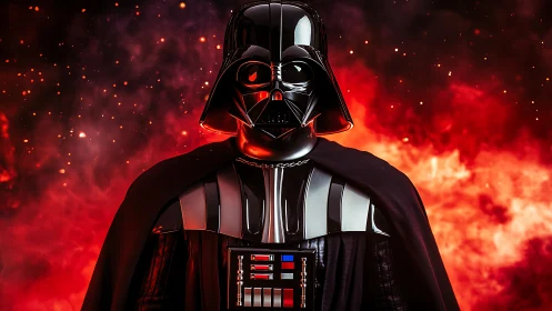 Dark armored figure stands amid blazing red cosmic fire