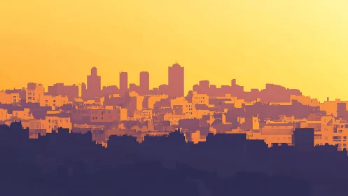 Layered urban skyline silhouettes under yellow sky.