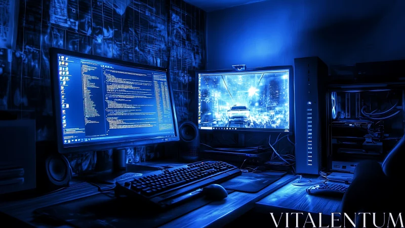 Cyber blue dual-monitor workstation in moody studio light.