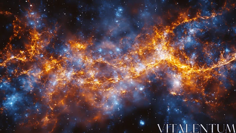 Fiery interstellar nebula cloud with blue star field glow