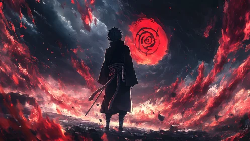 Silhouetted figure observes red vortex in a burning sky
