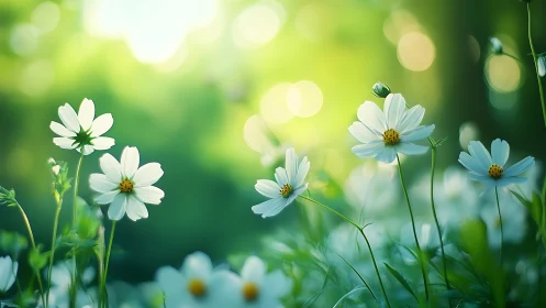 White Cosmos Flowers in Shallow Depth of Field Garden Scene