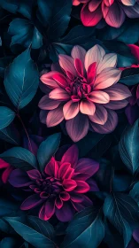 Neon Dahlias Against Deep Teal Foliage. Digital Botanical Study.