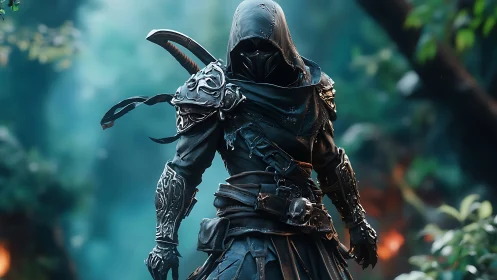 Hooded armored figure stands in detailed fantasy forest