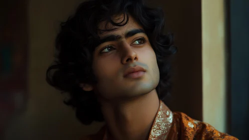 Cinematic close portrait under soft directional window light.