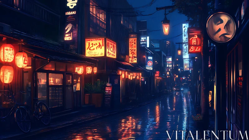 Neon lanterns glow softly along a rainy Japanese side street