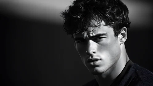 Monochrome close-up portrait of young male subject.