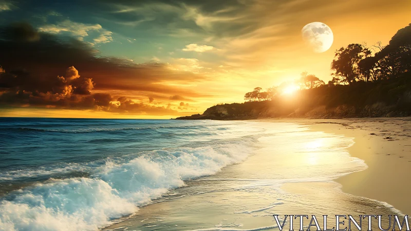 Twin-light tide at a golden shore where sun greets moon.