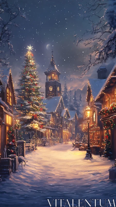 Snowy village Christmas street with glowing tree at dusk.