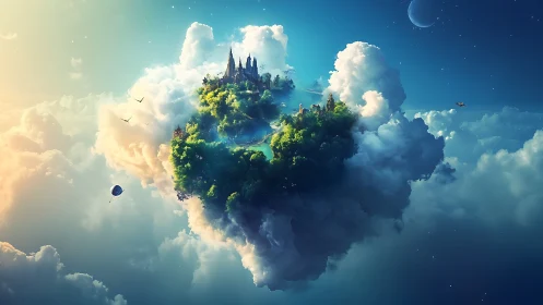 Floating castle island suspended in clouded sky environment.
