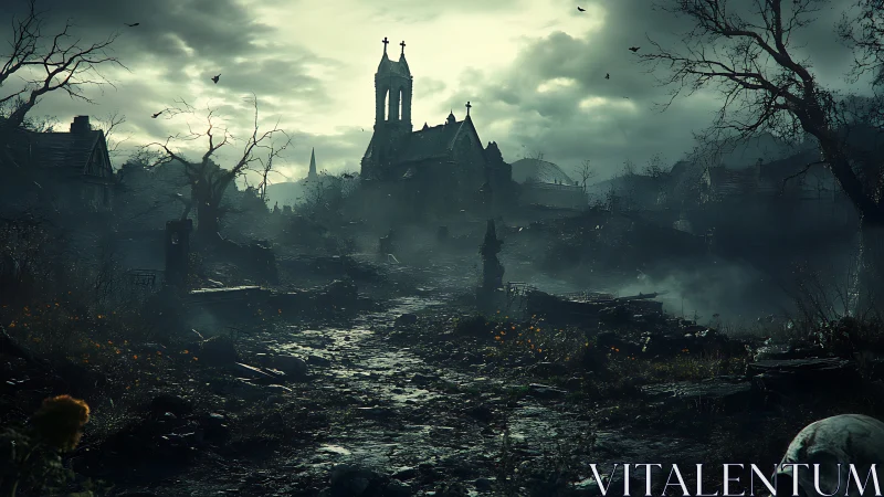 Ruined village street leads toward distant church structure