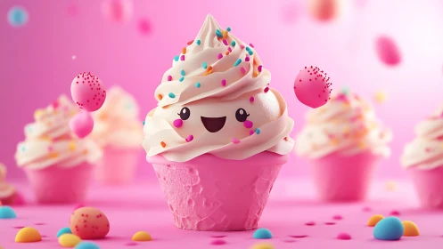 Stylized ice cream cone with anthropomorphic features displayed in vibrant pink environment.