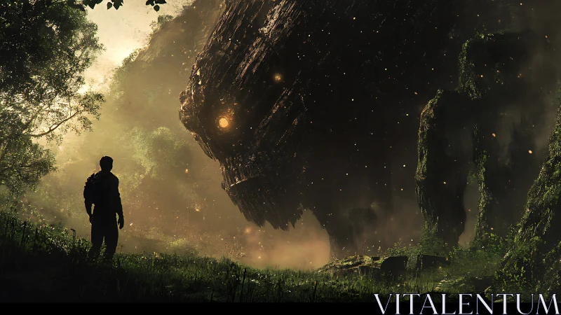 Forest wanderer meets ember eyed colossus at dawn.