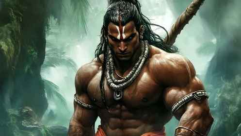 Muscular warrior with tribal markings stands in humid jungle light