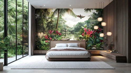 Tropical bedroom retreat with floor to ceiling jungle view.