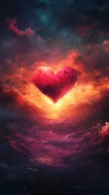 Luminous heart shape radiates through cosmic fire and dark starfield.