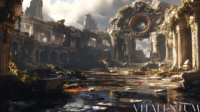 Ruined circular colonnade with central arch and portal.