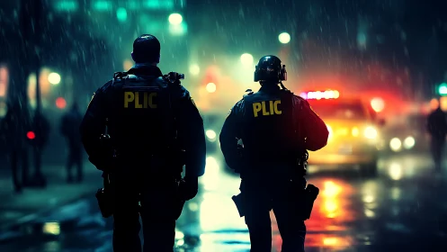 Night patrol officers in neon soaked urban rainstorm.