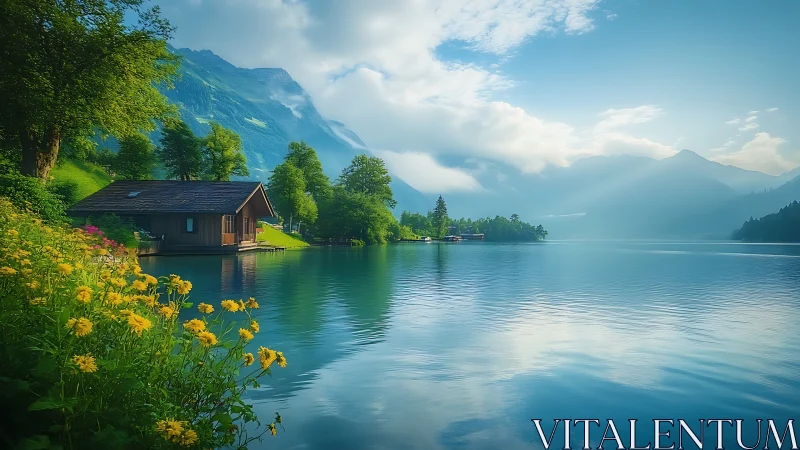 Lakeside cabin with mountain backdrop and flowering shoreline.