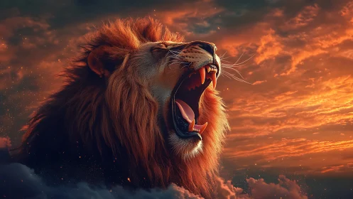 Roaring lion head against dramatic orange sunset sky.