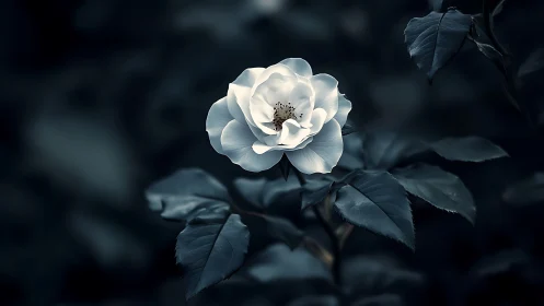 White Rose Against Dark Foliage.