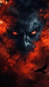 Infernal portrait with molten ember clouds and raven silhouette.