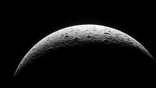 Lunar crescent horizon with high-contrast crater topography.