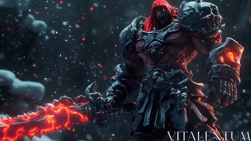 Fiery blade champion standing tall in a storm of embers.